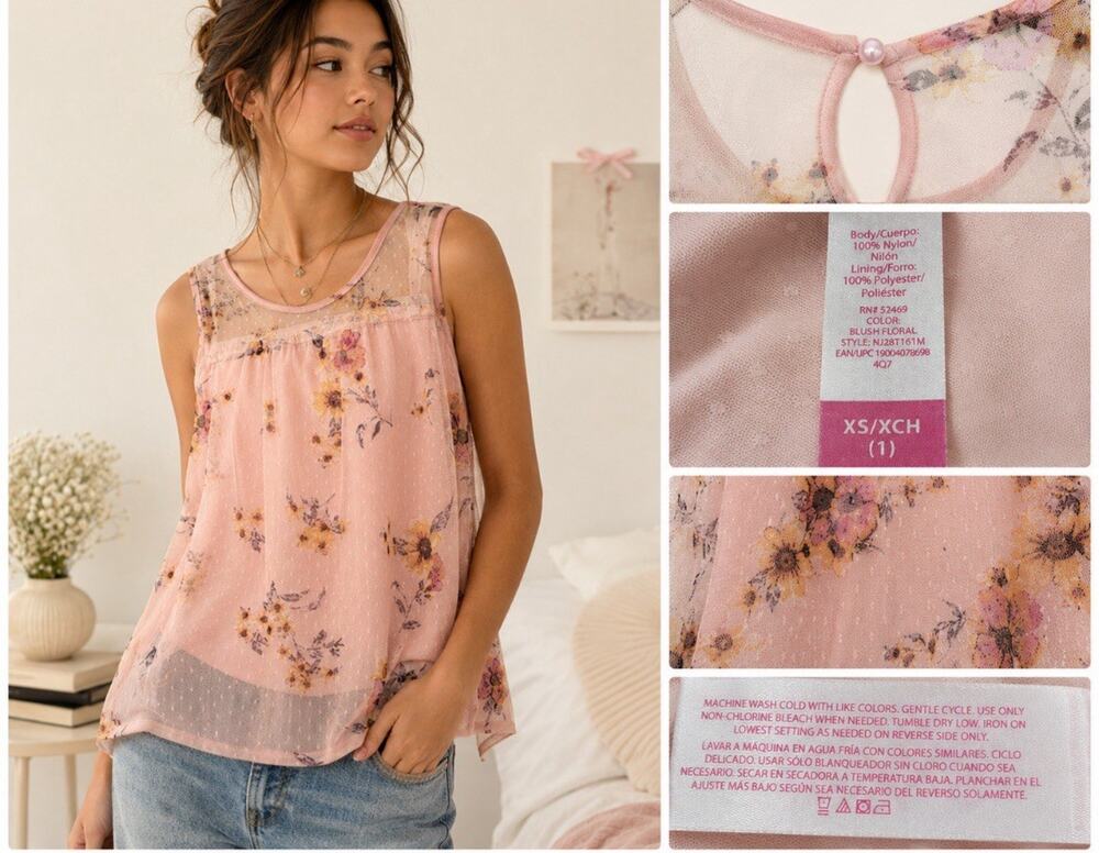 Y2K Indie Sleaze 2000s Boho No Boundaries Floral Mesh Tank Top XS Blush Pink